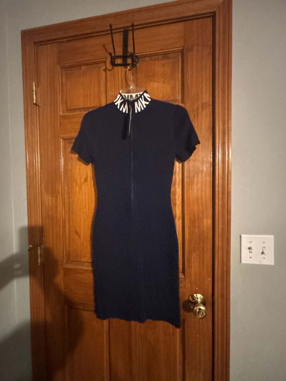 Michael Kors Zip-Front Ribbed Knit Logo Collar Mini Dress
